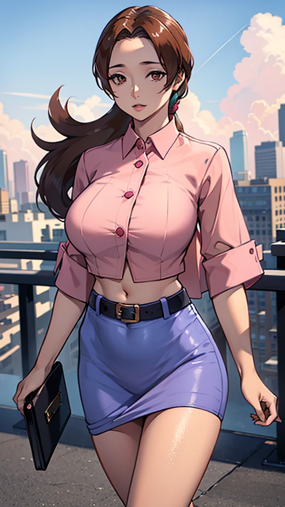 A girl with light skin, sexy, cute, leaders, long brown hair, her brown eye, wears a pink button-down blouse, shows her navel, and a short blue skirt, black shoe, and she travels, flying, sky, city background.