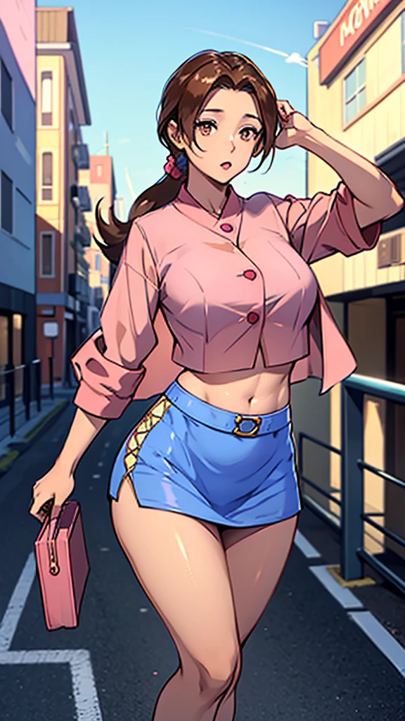 A girl with light skin, sexy, cute, leaders, long brown hair, her brown eye, wears a pink button-down blouse, shows her navel, and a short blue skirt, black shoe, and she travels, flying, sky, city background.