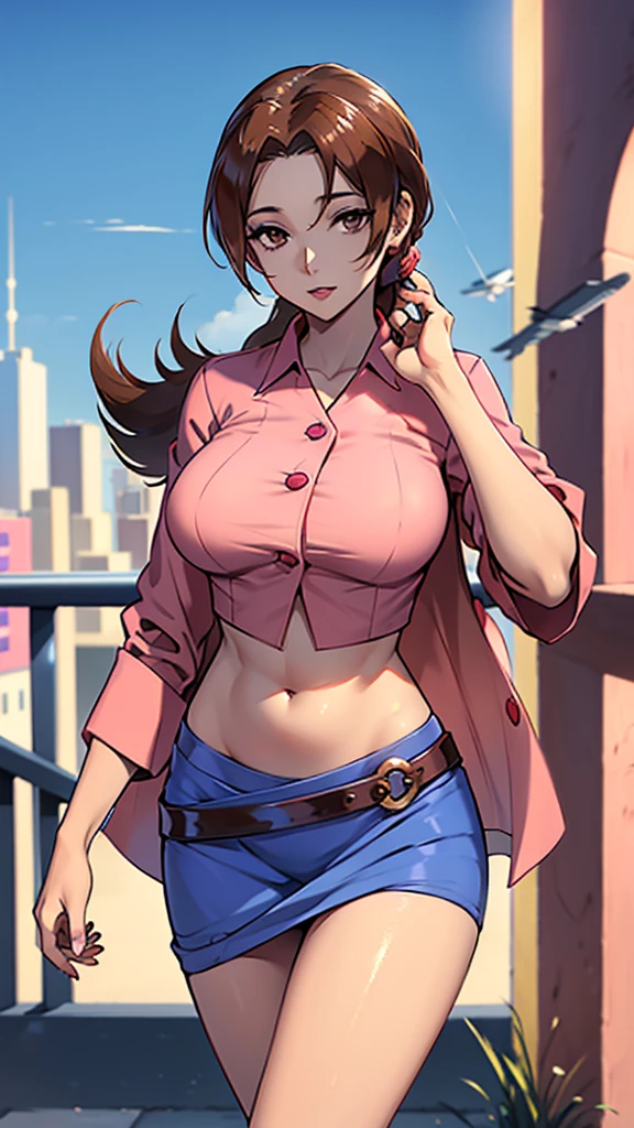 A girl with light skin, sexy, cute, leaders, long brown hair, her brown eye, wears a pink button-down blouse, shows her navel, and a short blue skirt, black shoe, and she travels, flying, sky, city background.