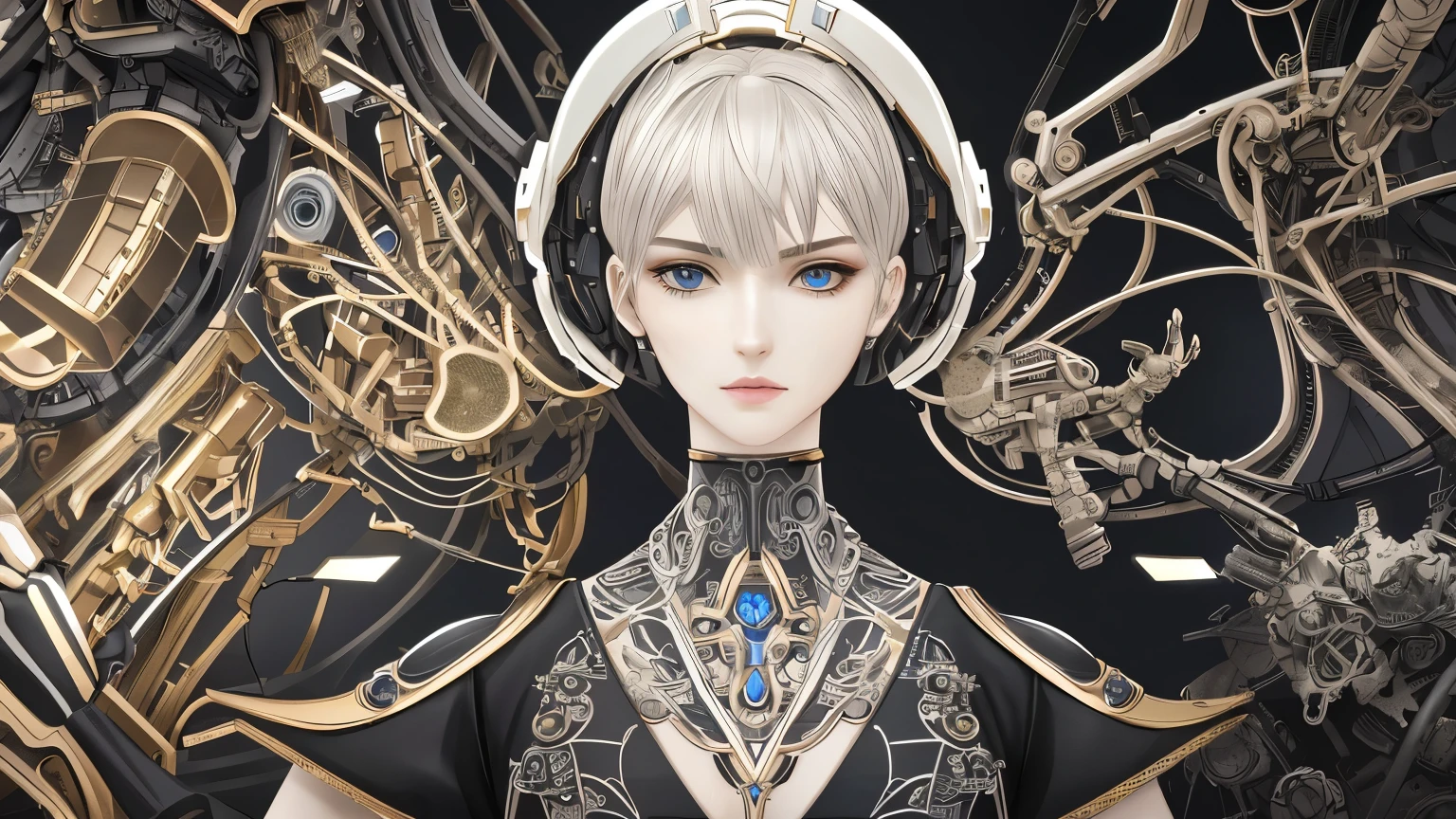 A captivating masterpiece of complex ultra-detailed 3D rendering showcases an androgynous porcelain bust profile android woman, elegantly blending the lines between cyborg, robot, and steampunk aesthetics. Robotic parts, intricately designed with Steampunk details, juxtapose seamlessly with the delicate lace accents, creating a striking contrast that embodies the essence of luxurious cyberpunk. Intricate mechanical elements, such as electrical cables and wires, reveal the inner workings of the android's robotic body, while the placement of microchips within the visible facial muscles adds an extra layer of intrigue to her alluring vis