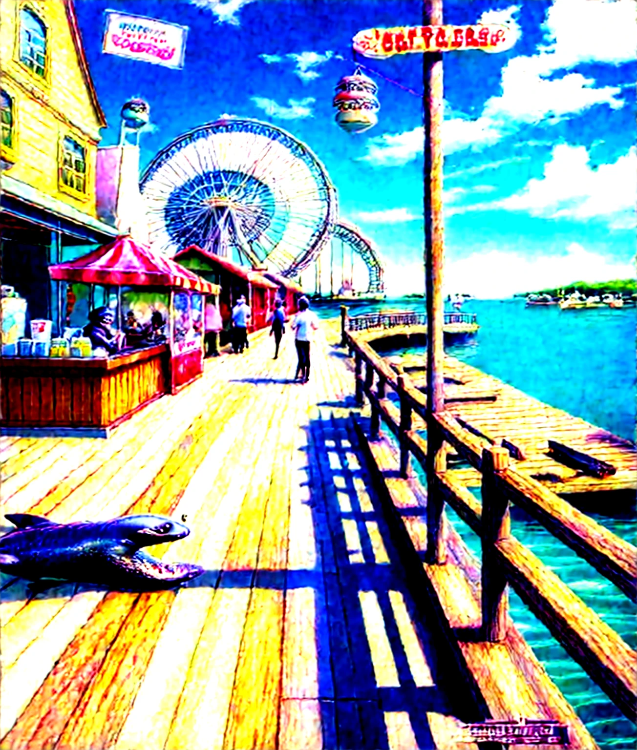 pier with seals, seals by the water, promenade, restaurants, street ice cream, ice cream stand, photo booth, seals, seals, lots of flying seals, rides, large Ferris wheel