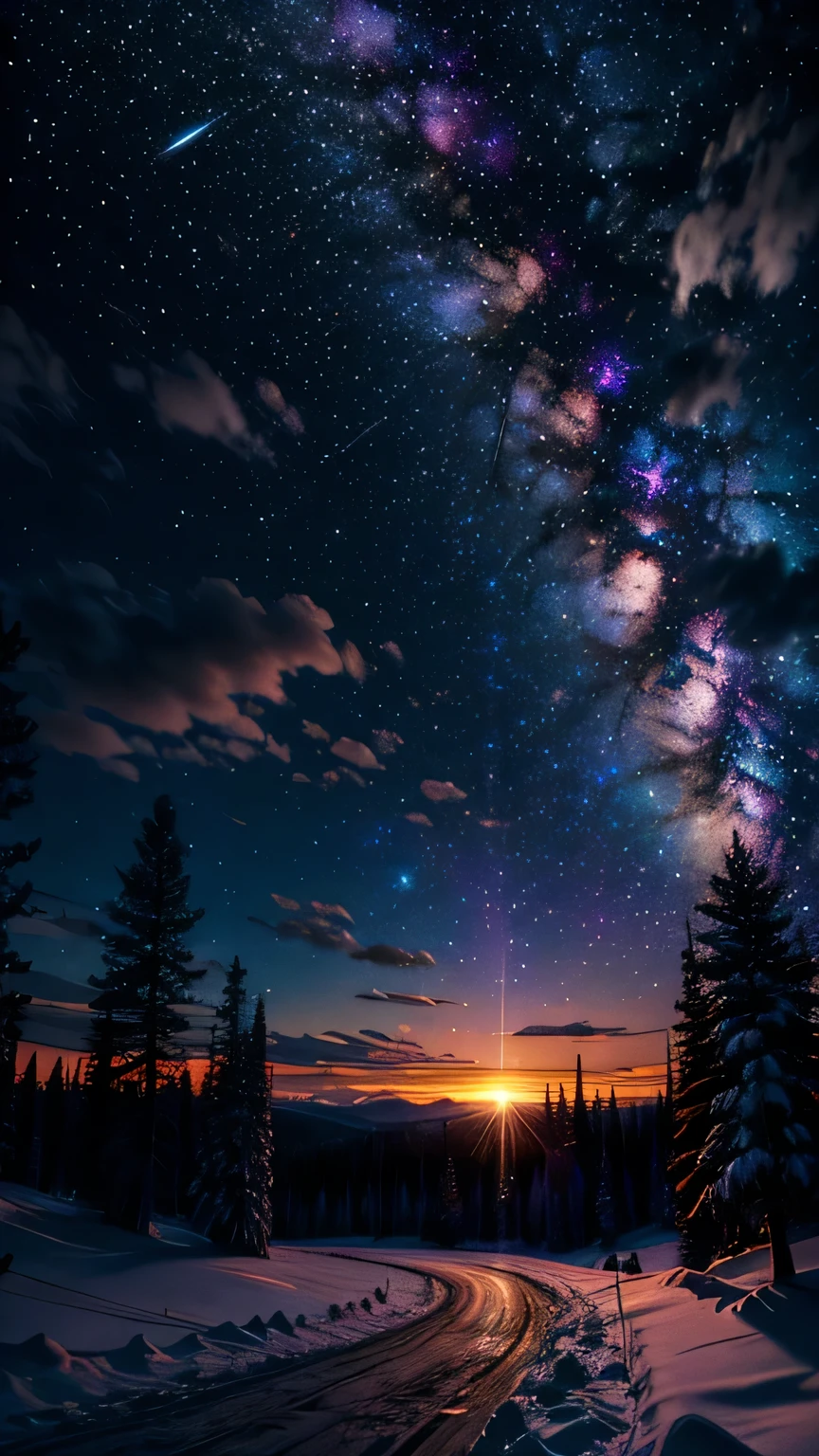A colorful galaxy,cloud,sunset,snow,On the forest