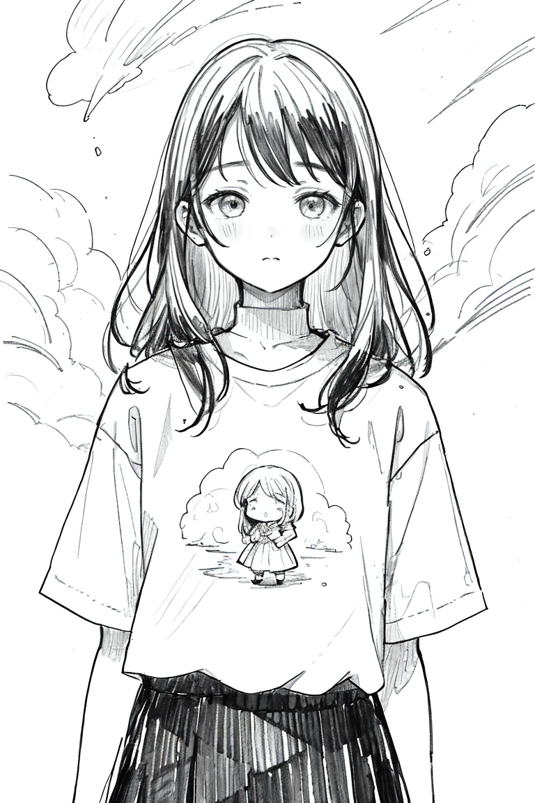 One Girl,Line art,Monochrome,sketch,Pencil drawing,Traditional Media,One Girl, Upper body,Respect,pattern,Cold Background,Beaver ,Delicate body、water、liquid、cloud、, Short sleeve, skirt, alone、(Cute Teenage Girl, alone),Beautiful portrait、Respect、Expressionless、No emotion、Black-haired、