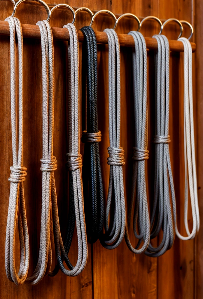 A set of BDSM ropes, each meticulously coiled and hung from hooks on the wall, showing the variety of thicknesses and lengths available.