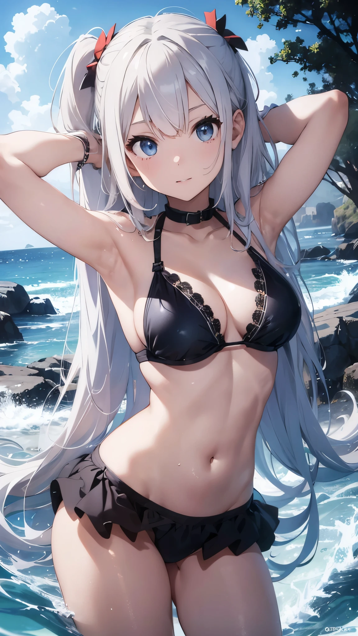 White-haired girl drawn in high resolution Japanese anime style、whole body、Women in blue bikinis taking photos on a deserted beach, Bikini Model, , Young and cute gravure idol, Posing together in a bra, Russian and Japanese mix, sakimichan, Asian woman, Wear a swimsuit, that'that'that'that'that'that'that'that'that'that'that'that'that'that'that'that'that'that'It's hot with the shining sun, Japanese Model, Cute Core, sakimichan hdri, Young Gravure Idol, Chubby