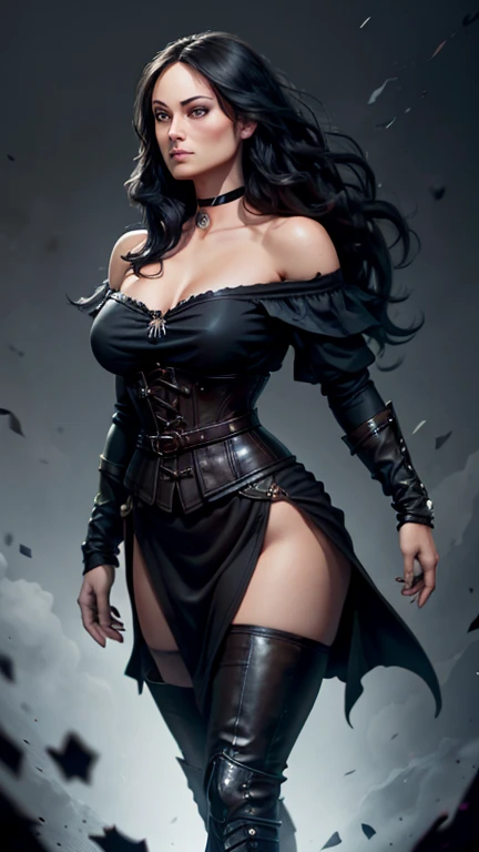 (Olivia Wilde face), Generate an illustration of a young (Yennefer of Vengerberg), of Witcher 3, hair combed to sides, layered haircut, de terno preto, long hair flows to her back, hair flows straight down, black hair, Ultrarealistic Violet eyes, both eyes are similar, (big round breasts), deep cleavage, Ultrarealistic juicy round butt, thick thighs, black Corset outfit in anime format with a serious style, ((black strapless dress)), Ruby black velvet choker, grey tights, black boots, gothic make up, masterpiece, ((dark lighting)), black background, puffy lips,slendered toned abs, beautiful face