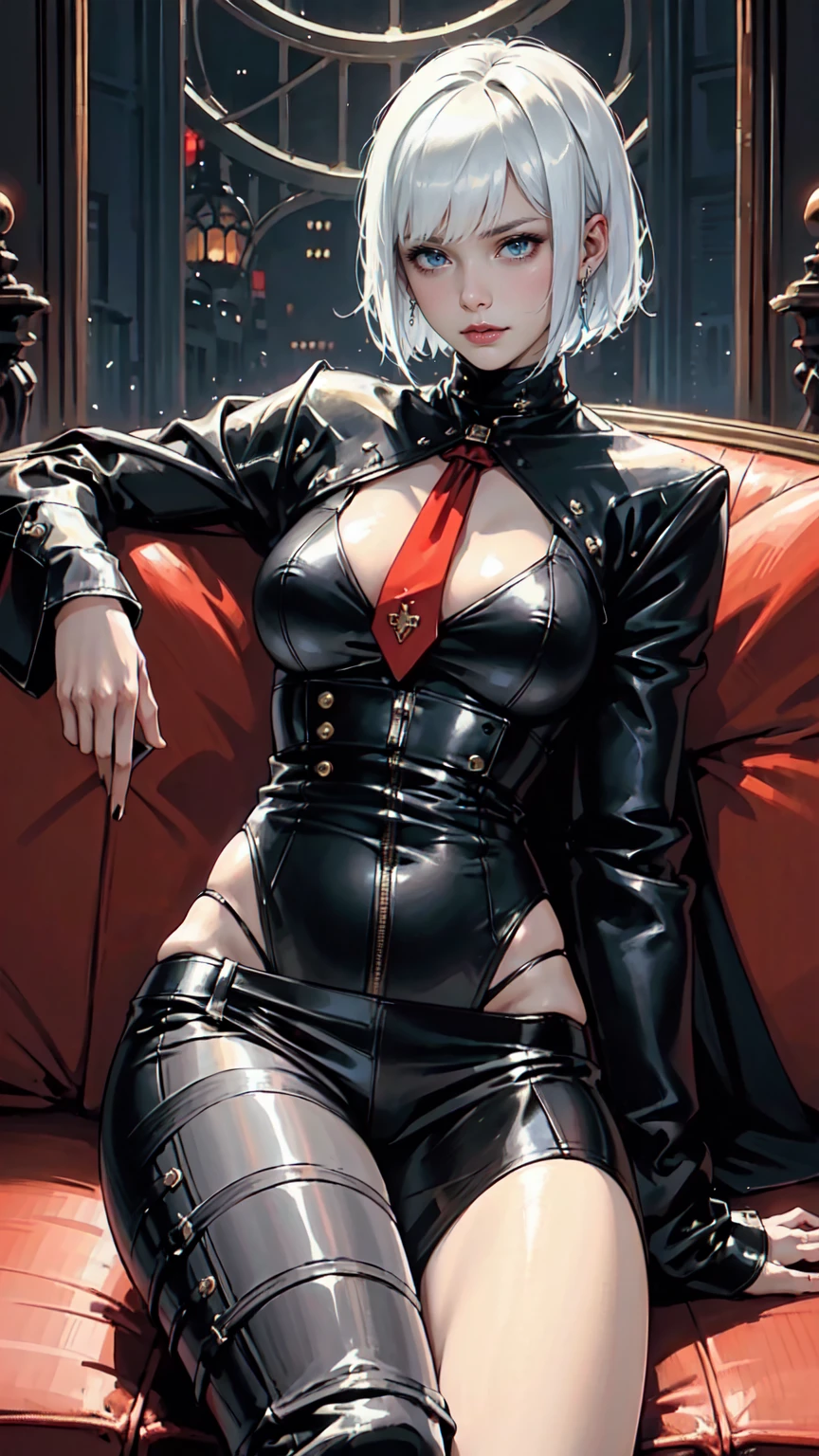 (Masterpiece, Best Quality, Ultra High Resolution , Digital Art,Beautiful and Aesthetic ) . ( One Fashionable adult girl with a short oblique bob, slender figure, expressive and dominating look ) in modern men's suit in youth style , matte black color , lovely thin white but long tie , (silk thick threads of red color connect the necklines on the sides of the whole suit) , . The character sits on a large massive sofa with lots of leather and metal patterns on it in vintage style , an interesting and atmospheric pose that characterizes the character , .