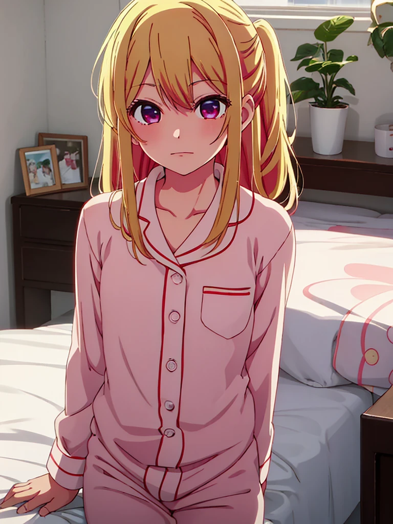 Ruby Hoshino , 1girl, wearing a cute pajamas at morning bed, blonde hair, ruby Hoshino's amazing eyes, 8k, high detailed, high quality
