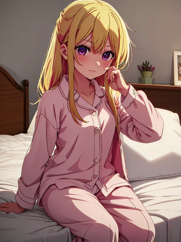 Ruby Hoshino , 1girl, wearing a cute pajamas at morning bed, blonde hair, ruby Hoshino's amazing eyes, 8k, high detailed, high quality
