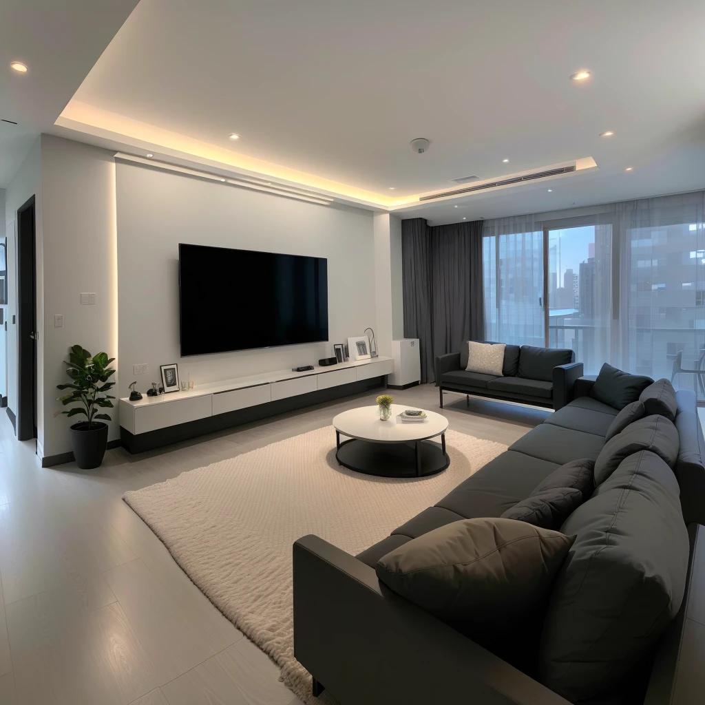 There is a big TV in the middle of the room, Movie accent lighting, Modern living room, A masterpiece of movie lighting, Cinematic lighting + Masterpiece, Perfect movie lighting, cinematic mood lighting, Modern minimalist设计, Award-winning, Modern minimalist, Elegant minimalism, Minimalist lighting, White accent lighting, award winning render, Dark showroom, Bright space in modern apartment，Soft Light，Through the window, Enjoy the cityscape of the high-rise building，Ultra-high quality，Super Detail，Masterpiece, A high resolution, Modern living room, Modern Home, Simple style, Realism, Ray Tracing, Sony FE GM, Sony FE, Nikon, Canon, Ultra HD, ccurate, Textured Skin, Highly detailed, Super details, High quality, Best quality, 16K