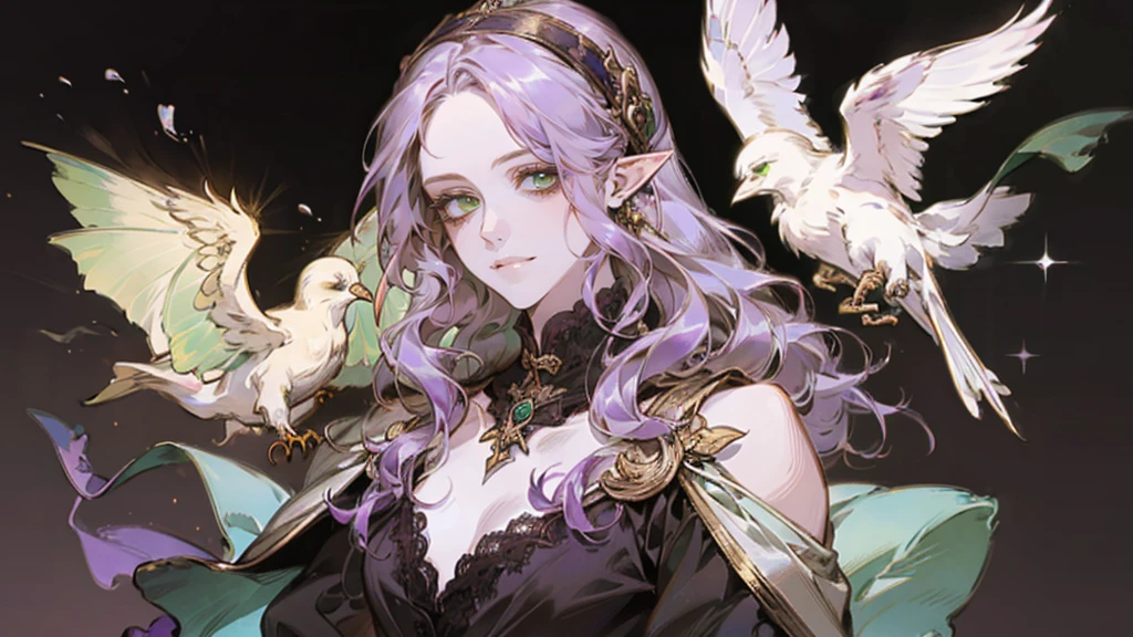A beautiful, elegant girl with purple hair, green eyes and pale skin. Her hair is long and curly, she has two pretty tufts on the sides. She is an elf girl. elf ears. (slight smile). black background. magic bird