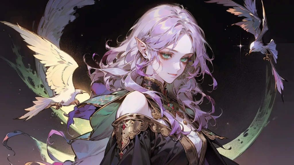 A beautiful, elegant girl with purple hair, green eyes and pale skin. Her hair is long and curly, she has two pretty tufts on the sides. She is an elf girl. elf ears. (slight smile). black background. magic bird