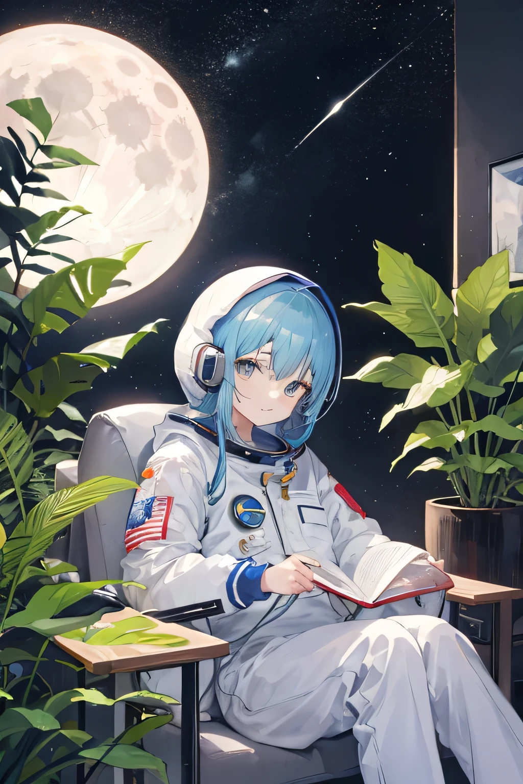 Cute astronaut,at the moon,looking at the earth,clothes with plants,flower vases around,comfortable place, cute face