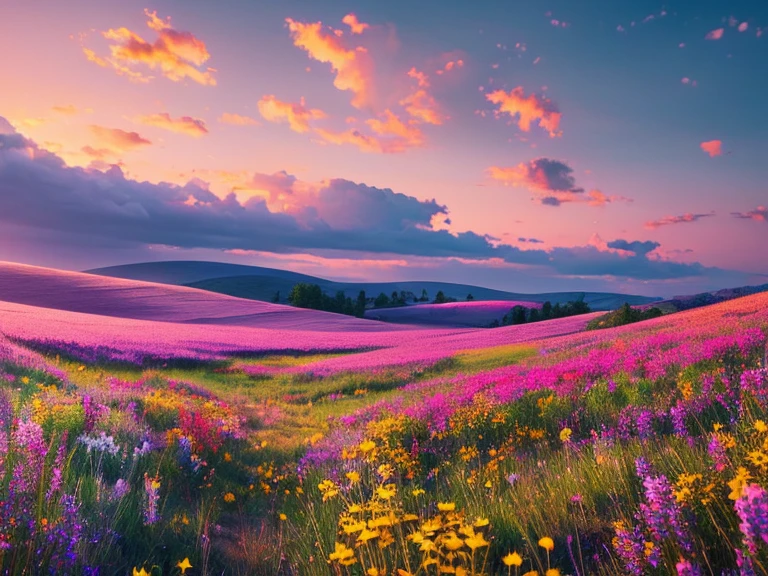 a peaceful landscape, a field of wildflowers, a vibrant sunset, detailed clouds, warm lighting, serene atmosphere, highly detailed, photorealistic, 8k, masterpiece, cinematic, lush vegetation, vivid colors, dynamic composition, stunning scenery, natural beauty, environmental art, digital painting