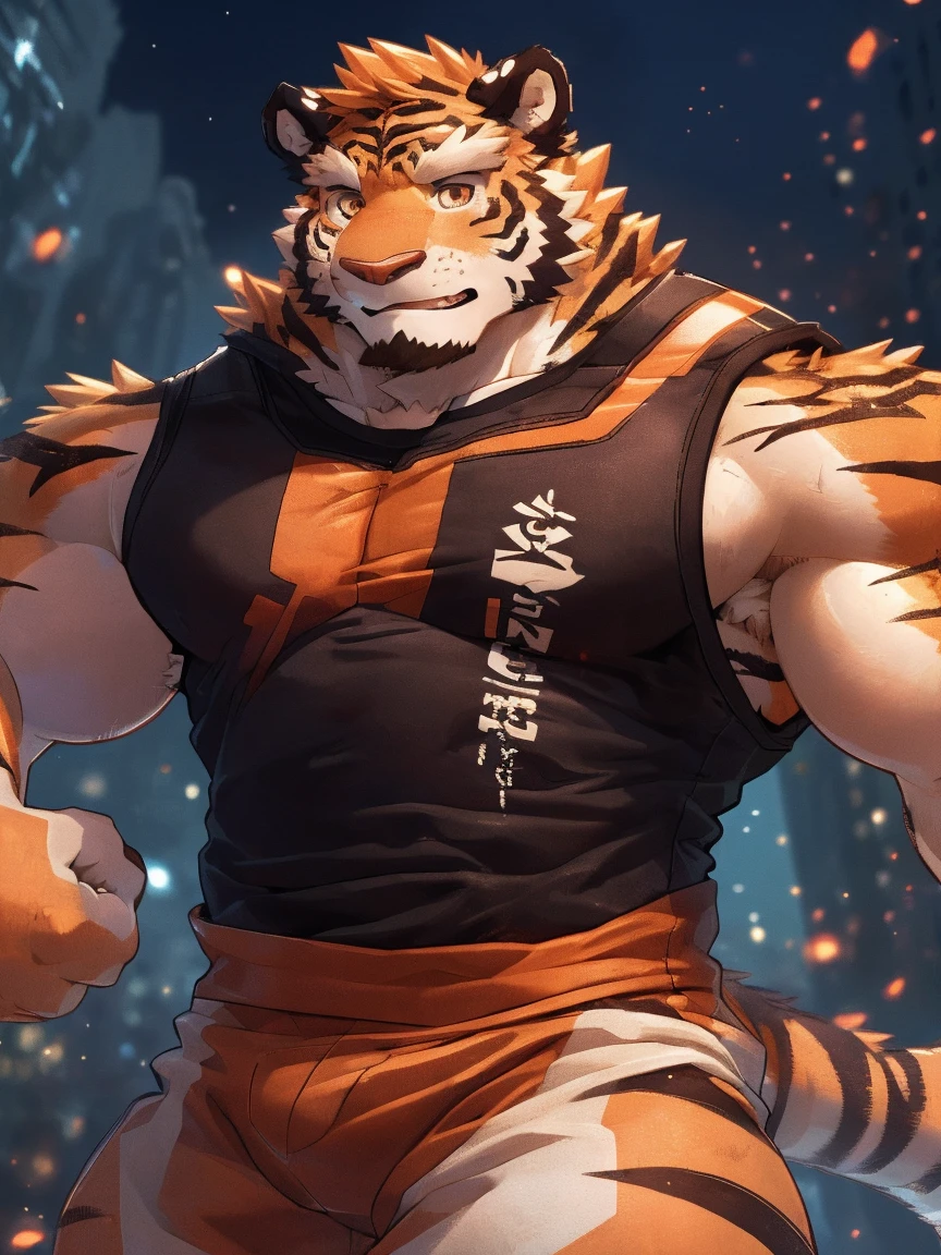 human nature, Wildlife, male,18 years old, solitary, ((Round Face, The face is plump,Orange eyes,Thick orange hair,With scars)), ((Endomorph, Handsome,Hot Blood)), (Sportswear,Clothes Damaged), ((domestic tiger, tiger,) Fluffy fur, Fluffy), Bokeh, (high quality, high resolution, masterpiece), (Dynamic Lighting, Vibrant colors), (Revitalize,Injuried,Disdain), Full body picture (close up), cartoon, author:Takemoto Arashi, From zixiong, By Chunni, author:Empty Ghost,(background:Snowy cities)