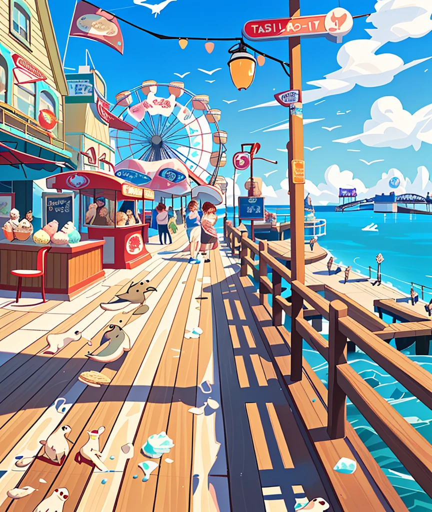 pier with seals, seals by the water, promenade, restaurants, street ice cream, ice cream stand, photo booth, seals, seals, lots of flying seals, rides, large Ferris wheel