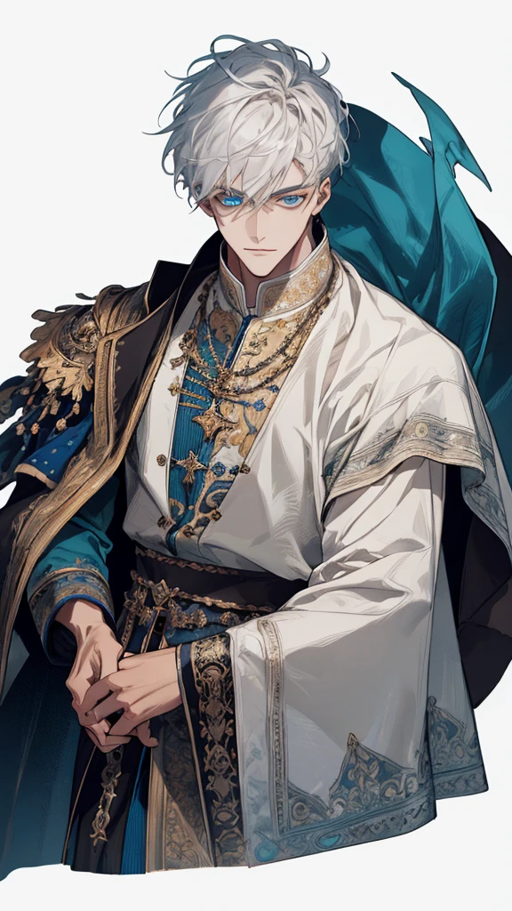 (extreamly delicate and handsome:1.2), 8K,(шедевр:1.0),(best_quality:1.0), 1boy, and intricate detailing, Enlarged textures, and intricate detailing, finely eye and detailed face, white simple medieval outfit, ruinscape background, (closed mouths),long white hair, Perfect eyes, blue sea eyes, Equal eyes, (A male god)