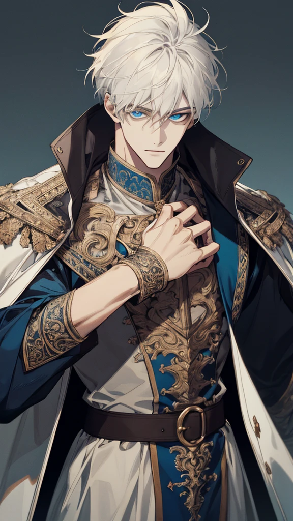 (extreamly delicate and handsome:1.2), 8K,(шедевр:1.0),(best_quality:1.0), 1boy, and intricate detailing, Enlarged textures, and intricate detailing, finely eye and detailed face, white simple medieval outfit, ruinscape background, (closed mouths),long white hair, Perfect eyes, blue sea eyes, Equal eyes, (A male god)