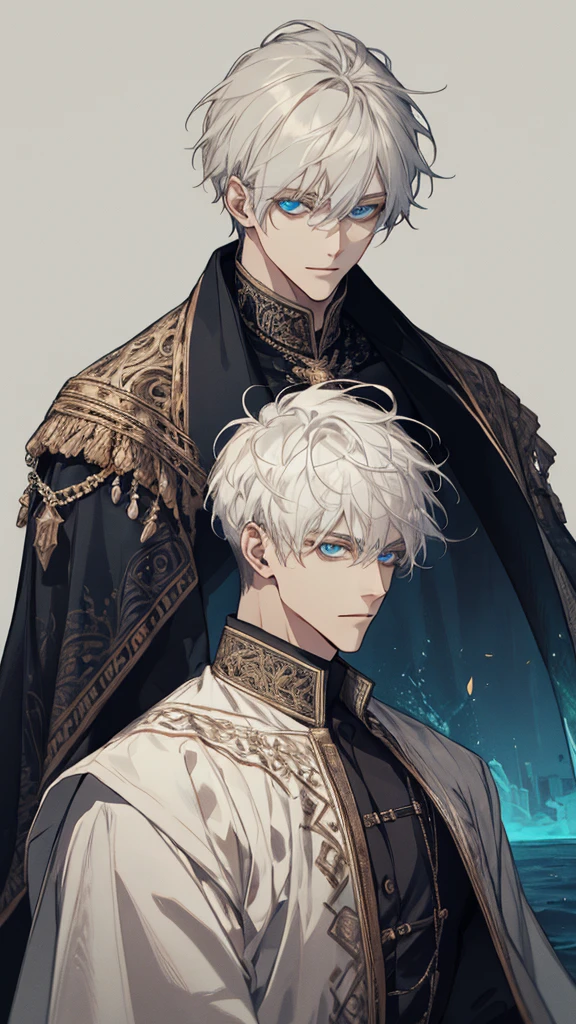 (extreamly delicate and handsome:1.2), 8K,(шедевр:1.0),(best_quality:1.0), 1boy, and intricate detailing, Enlarged textures, and intricate detailing, finely eye and detailed face, white simple medieval outfit, ruinscape background, (closed mouths),long white hair, Perfect eyes, blue sea eyes, Equal eyes, (A male god)