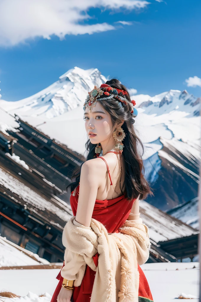 (masterpiece, best quality:1.2),red Tibetan clothing,1 Tibetan girl, blue sky, cloud, cloudy sky, day, earrings,Plush hat, horizon,Tibetan Earrings,jewelry,necklace, lips,snow mountain, outdoors, parted lips, red lips, solo,flat chest,(upper body:1.2),standing,(arms behind back:1.2)