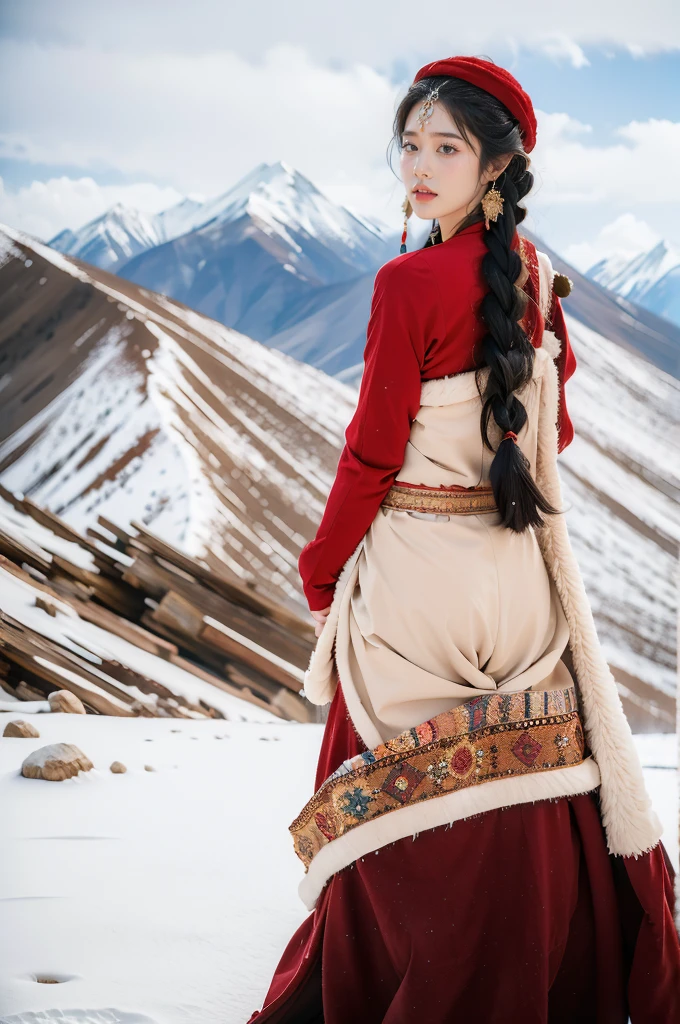 (masterpiece, best quality:1.2),red Tibetan clothing,1 Tibetan girl, blue sky, cloud, cloudy sky, day, earrings,Plush hat, horizon,Tibetan Earrings,jewelry,necklace, lips,snow mountain, outdoors, parted lips, red lips, solo,flat chest,(upper body:1.2),standing,(arms behind back:1.2)