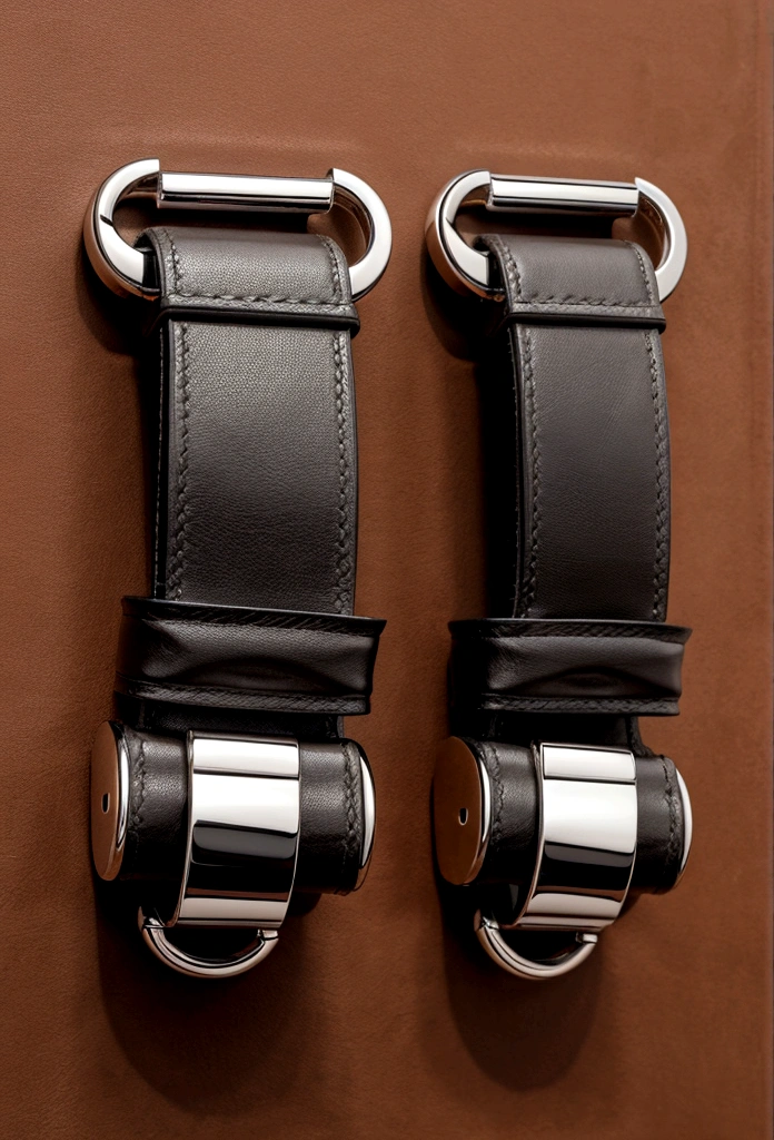 Soft leather handcuffs with padded interior, displayed on a shelf next to polished metal cuffs, highlighting the contrast between materials and styles.