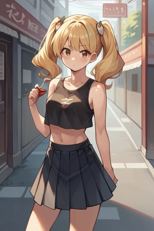 score_9, score_8_superior, score_7_superior, score_6_superior, sauce_anime, Break 1 Girl, onizaki kirara, Blonde, Twin tails, hair ornaments, (Black crop top), skirt, street, I&#39;m watching you, (Underbust), Large Breasts, Mature Woman