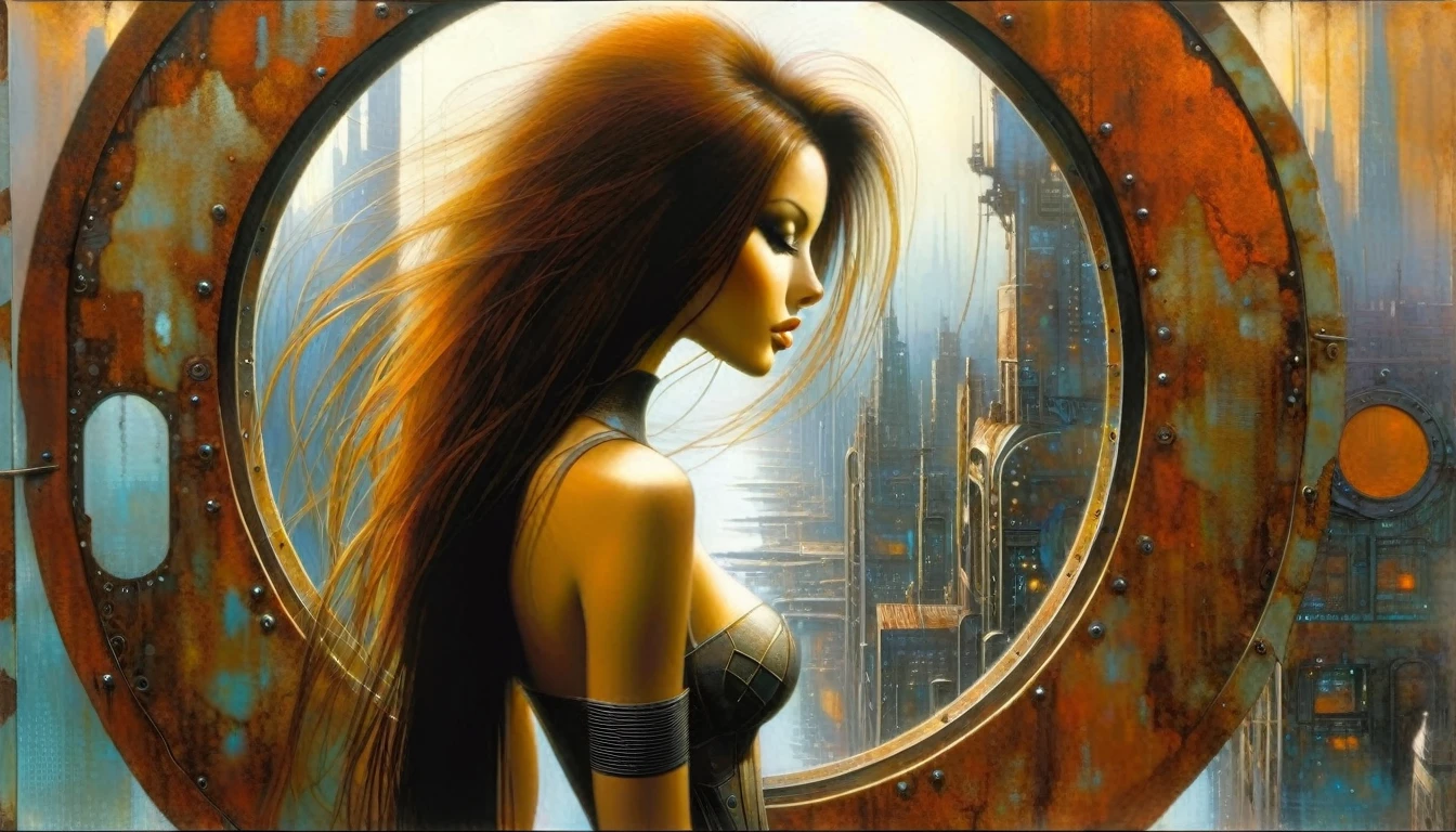 sexy girl long hair, futuristic sexy girl, futuristic rusty metal window, circular, circular window shape, views of rusty metal futuristic city, Artwork inspired by Dave Mckean, intricate details, oil painted
