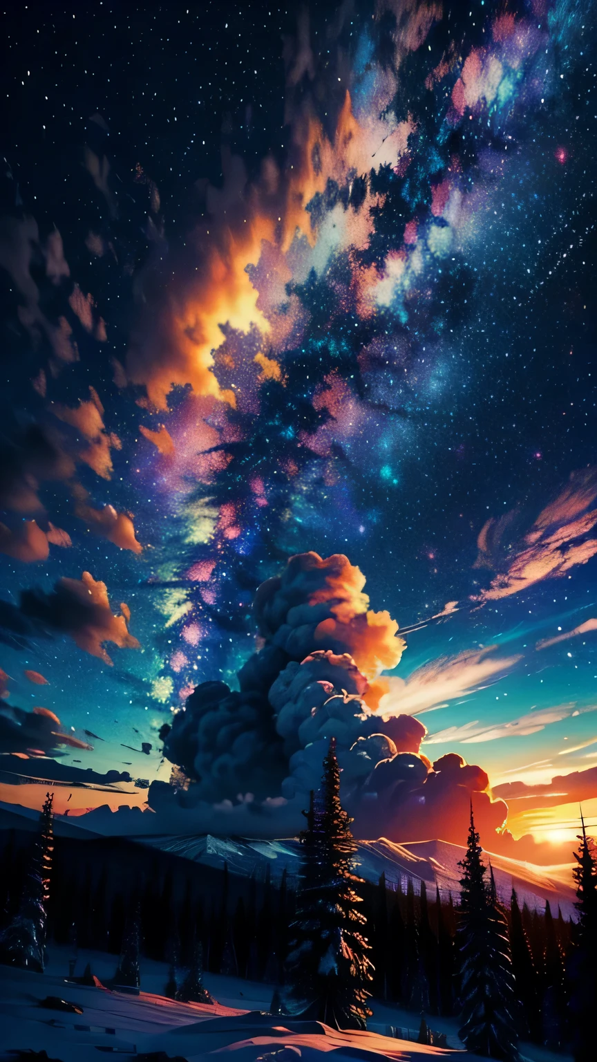 A colorful galaxy,cloud,sunset,snow,On the forest