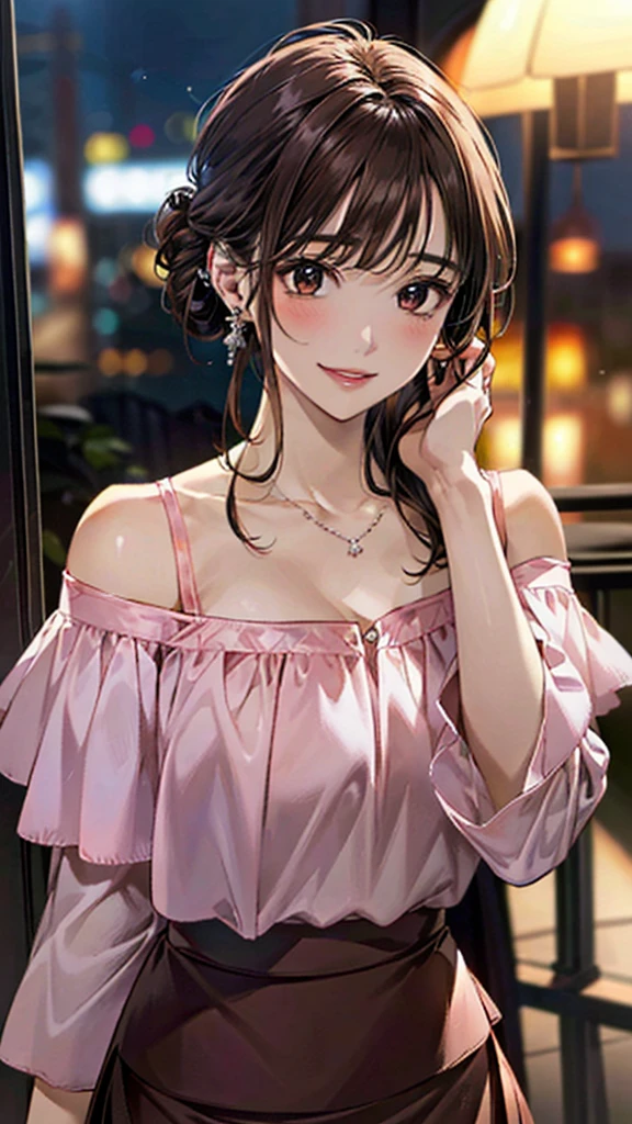 (masterpiece:1.3, Highest quality, Ultra-high resolution:1.2, Super detailed、8K), (Realistic, photoRealistic:1.4), Beautiful illustrations, Perfect lighting, colorful, Depth of written boundary, Beautiful detailed hair, Beautifully detailed face, Beautiful fine details, Droopy eyes、Beautiful clavicle, Beautiful body, 美しいLarge Breasts, Beautiful thighs, Beautiful feet, Beautiful fingers, View Viewer、Front view:0.6, Beauty1人, Japanese, Beauty、30 years old, Perfect Face, (Perfect Anatomy, Anatomically correct), Cute and symmetrical face, Baby Face, , Shiny skin,(Pink off-shoulder blouse:1.4), ((Long skirt、Wraparound skirt:1.5)) 、(pumps:1.3)、(Dark brown hair, Updo Hair:1.4), braided bangs、Dark brown eyes, (Large Breasts, Slim body), necklace, Small earrings:1.1, (Beautiful views), (evening), Cafe、He is holding a white mug in both hands and drinking coffee:1.4、 A soft smile、(Smile, Lips parted),