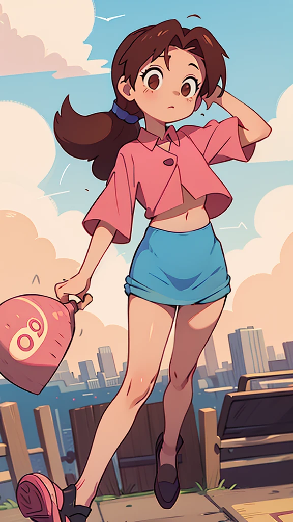 A girl with light skin, sexy, cute, leaders, long brown hair, her brown eye, wears a pink button-down blouse, shows her navel, and a short blue skirt, black shoe, and she travels, flying, sky, city background.