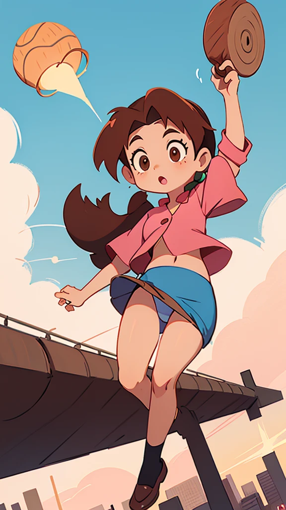 A girl with light skin, sexy, cute, leaders, long brown hair, her brown eye, wears a pink button-down blouse, shows her navel, and a short blue skirt, black shoe, and she travels, flying, sky, city background.