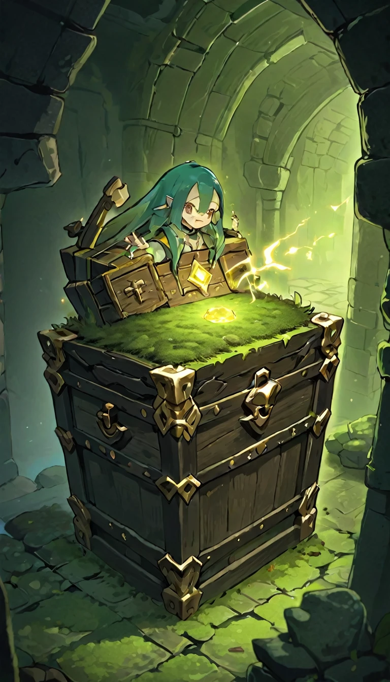 Highest quality、masterpiece、Highly detailed CG unit wallpaper、High resolution、RAW Photos、Very detailed、BREAK、dungeon of darkness、light moss、Blue glowing moss、The only light source is luminescent moss、Stone Dungeon、Wide promenade、BREAK、Treasure chest at the dead end、Treasure Chest with Teeth、Teeth are pointed、danger、The treasure chest is a Mimic、Glowing Mimic、Mimic holding up a welcomeboard、