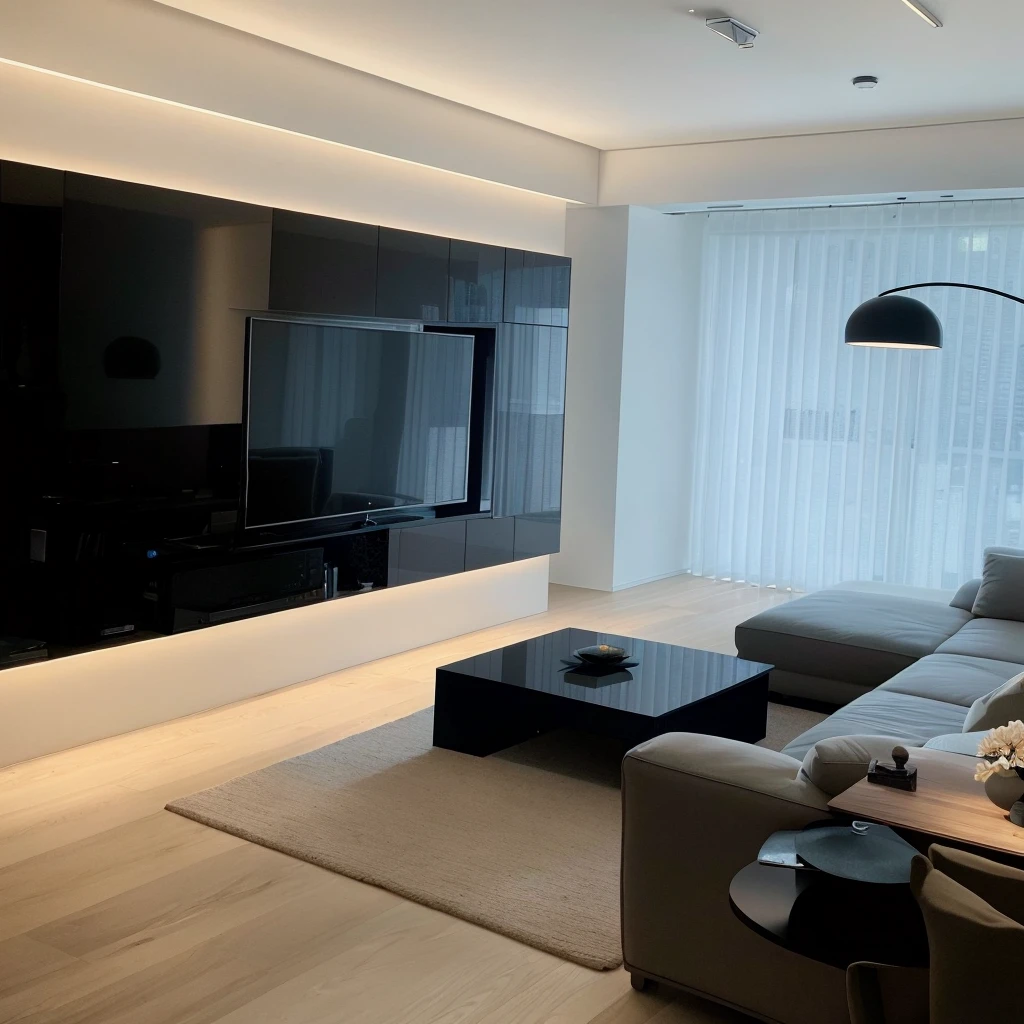 The living room has a large flat-screen TV and large windows。。。, Inside the apartment,A table, Cream Room, Modern living room, 奶油色和White color scheme, Natural light as background, Indoor living room, Living room, Apartment Design, Popular interior design styles, White color scheme,Modern style living room,Beige is the dominant and neutral tone,Modern popular furniture and some flowers and greenery,Simple and practical TV background wall,Exquisite wooden floor,Beautiful artistic chandelier,Bright space,Soft Light,Through the window, Enjoy the cityscape of the high-rise building,Ultra-high quality,Super Detail,Masterpiece, A high resolution, Modern living room, Modern Home, Simple style, Realism, Ray Tracing, Sony FE GM, Sony FE, Nikon, Canon, Ultra HD, ccurate, Textured Skin, Highly detailed, Super details, High quality, Best quality, 16K, Awards,Wide Angle