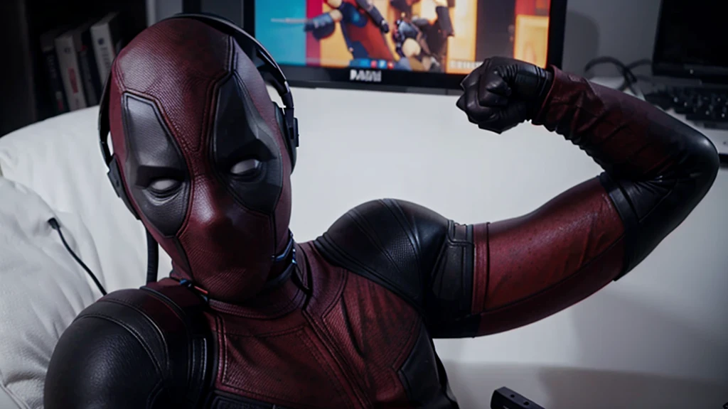 Deadpool doing livestream with headphones on