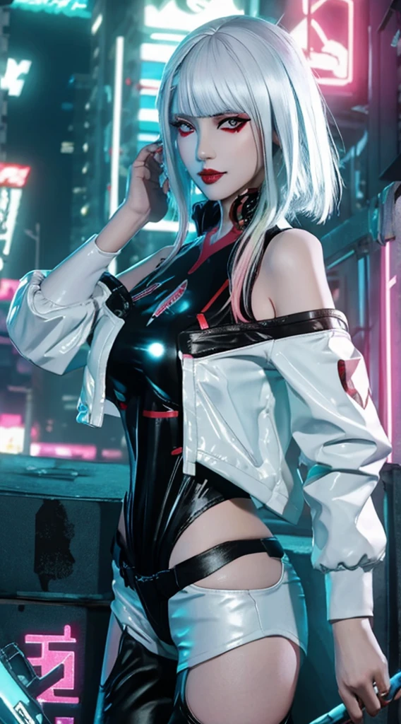 (masterpiece, best details), lucy_cyberpunk, (close up),1 sweet girl,white short hair, bangs,(medium breasts:1.5) ((red eyeliner)), ((makeup)),red lips, (white off-shouler jacket), black bodysuit, bare shoulders, white shorts, hip vent, (dynamic pose), looking at viewer, upper body,fantasy, high contrast,cityscape, neon lights, neon trim, ((cyberpunk)), (seducing expression, slight smile), low angle