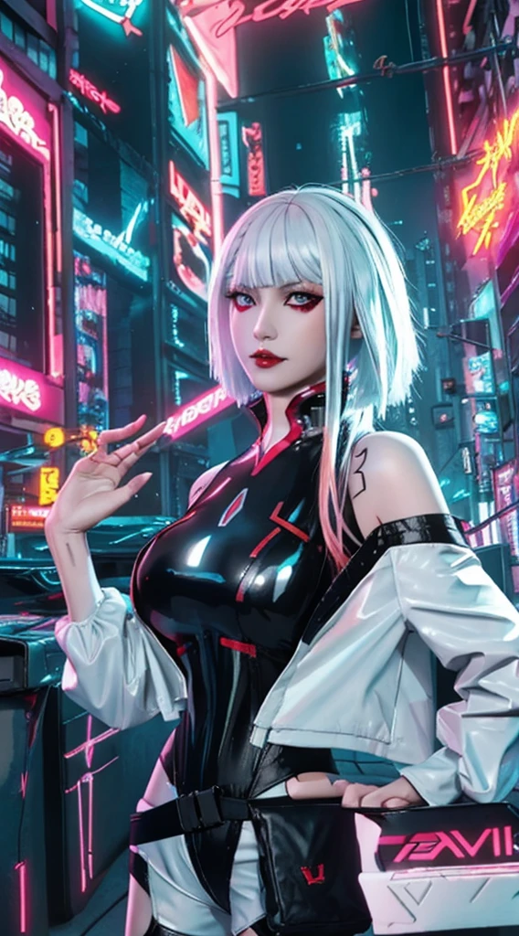 (masterpiece, best details), lucy_cyberpunk, (close up),1 sweet girl,white short hair, bangs,(medium breasts:1.5) ((red eyeliner)), ((makeup)),red lips, (white off-shouler jacket), black bodysuit, bare shoulders, white shorts, hip vent, (dynamic pose), looking at viewer, upper body,fantasy, high contrast,cityscape, neon lights, neon trim, ((cyberpunk)), (seducing expression, slight smile), low angle