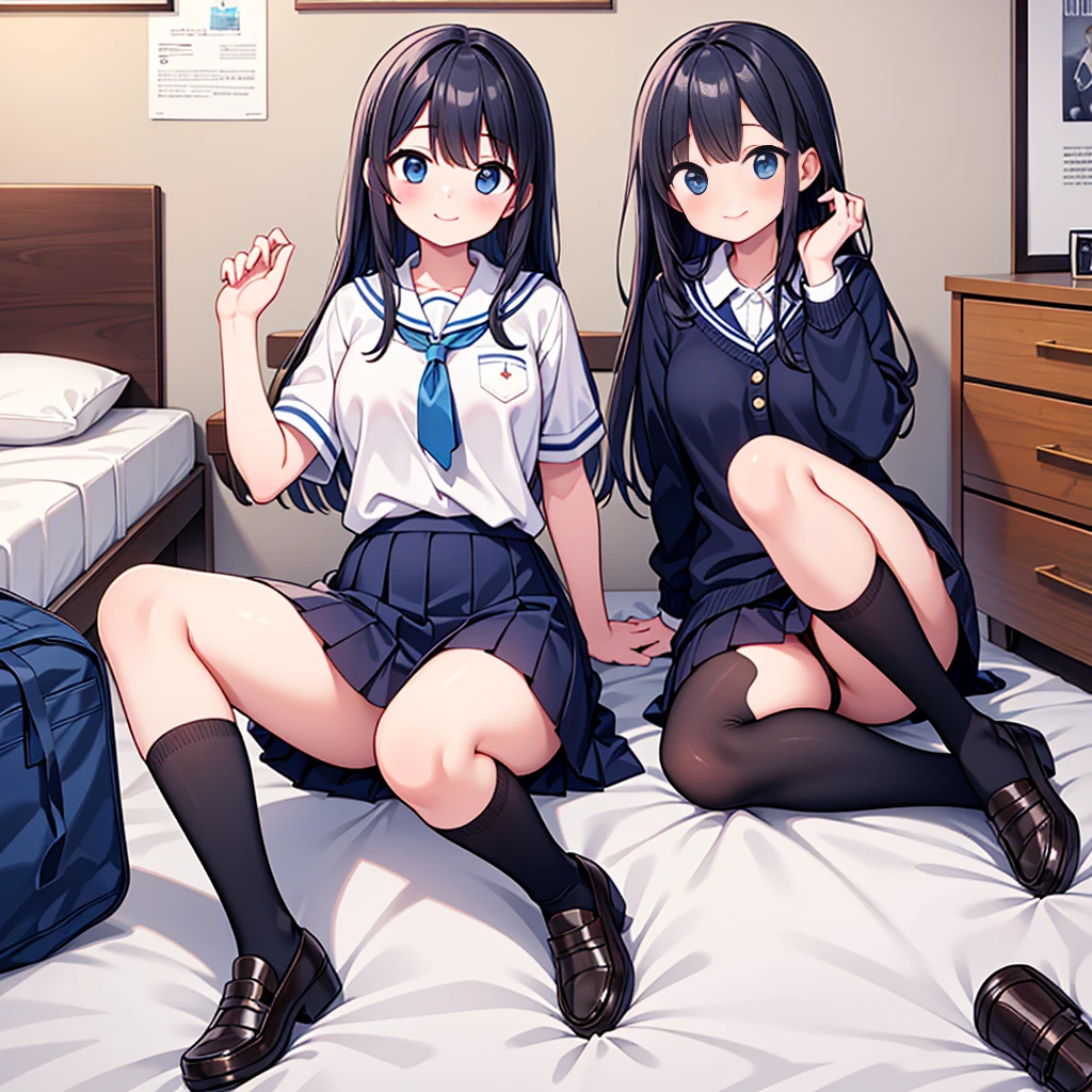 {Highest quality], [so beautiful], [Ultra-fine], [Best illustrations], Browsing Caution,Black Hair, Hime cut, Long Hair, With bangs, girl,high school student,uniform,knit,skirt,smile, blush, Slender women, Adult female,(public),,diagonal, Navy blue knee socks,Black Loafers.night,Health Room,Lying in bed feeling unwell