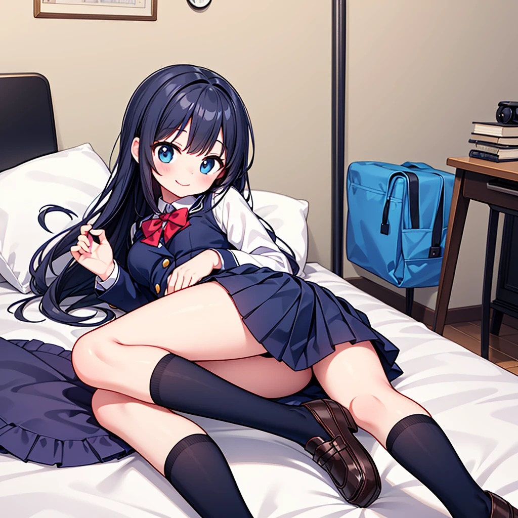 {Highest quality], [so beautiful], [Ultra-fine], [Best illustrations], Browsing Caution,Black Hair, Hime cut, Long Hair, With bangs, girl,high school student,uniform,knit,skirt,smile, blush, Slender women, Adult female,(public),,diagonal, Navy blue knee socks,Black Loafers.night,Health Room,Lying in bed feeling unwell