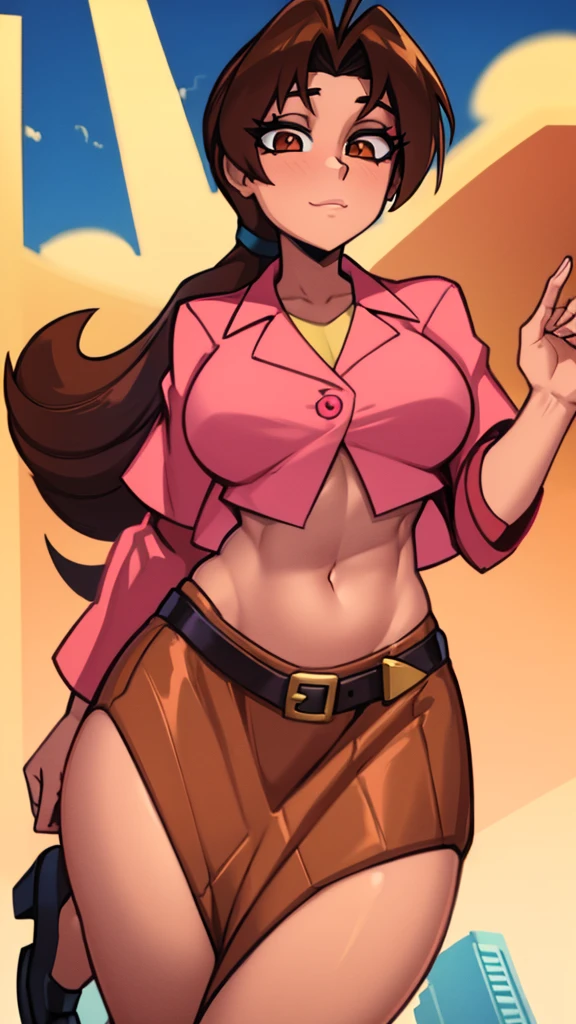 A girl with light skin, sexy, cute, leaders, long brown hair, her brown eye, wears a pink button-down blouse, shows her navel, and a short blue skirt, black shoe, and she travels, flying, sky, city background.