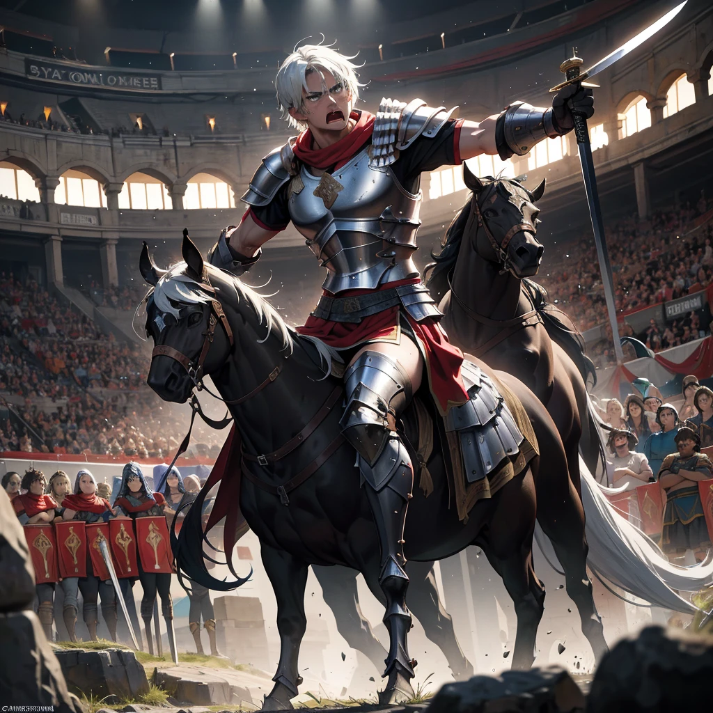 Paint a vivid picture of a medieval gladiator preparing for battle in the ancient Roman arena. Capture the intensity in their eyes as they stand clad in armor, holding a gladius sword and shield. Show the crowd roaring in anticipation, filling the stone amphitheater with their cheers and jeers. Highlight the contrast between the gladiator's stoic determination and the chaotic energy of the arena, conveying the raw spectacle and drama of ancient combat.