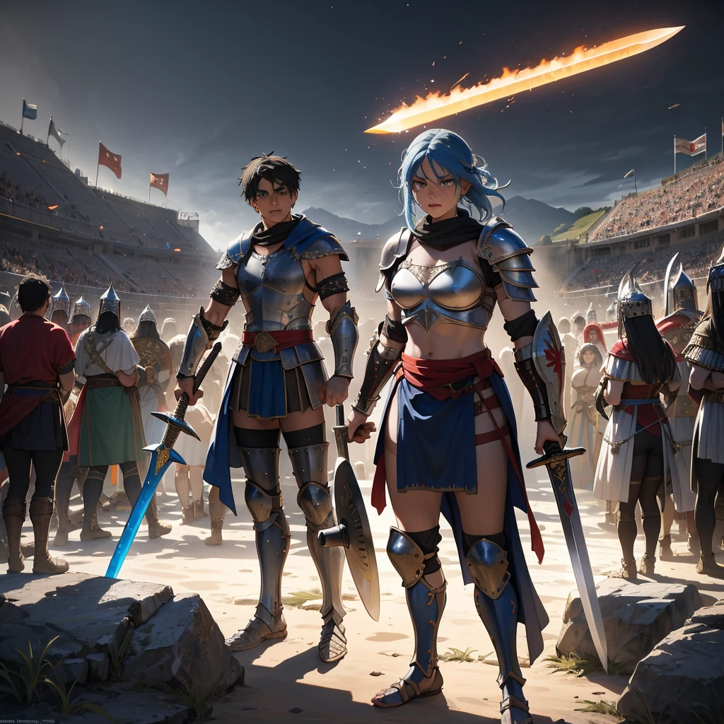 Paint a vivid picture of a medieval gladiator preparing for battle in the ancient Roman arena. Capture the intensity in their eyes as they stand clad in armor, holding a gladius sword and shield. Show the crowd roaring in anticipation, filling the stone amphitheater with their cheers and jeers. Highlight the contrast between the gladiator's stoic determination and the chaotic energy of the arena, conveying the raw spectacle and drama of ancient combat.