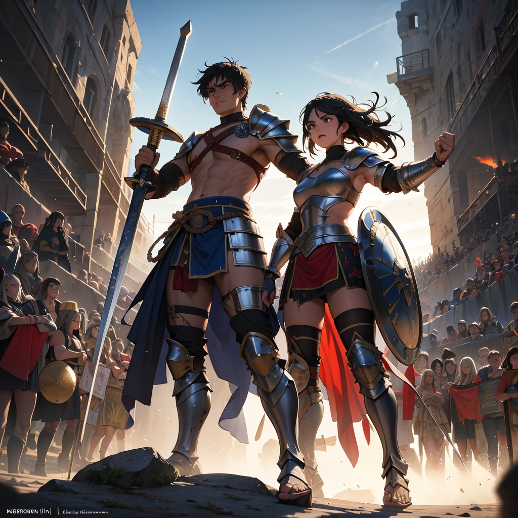 Paint a vivid picture of a medieval gladiator preparing for battle in the ancient Roman arena. Capture the intensity in their eyes as they stand clad in armor, holding a gladius sword and shield. Show the crowd roaring in anticipation, filling the stone amphitheater with their cheers and jeers. Highlight the contrast between the gladiator's stoic determination and the chaotic energy of the arena, conveying the raw spectacle and drama of ancient combat.