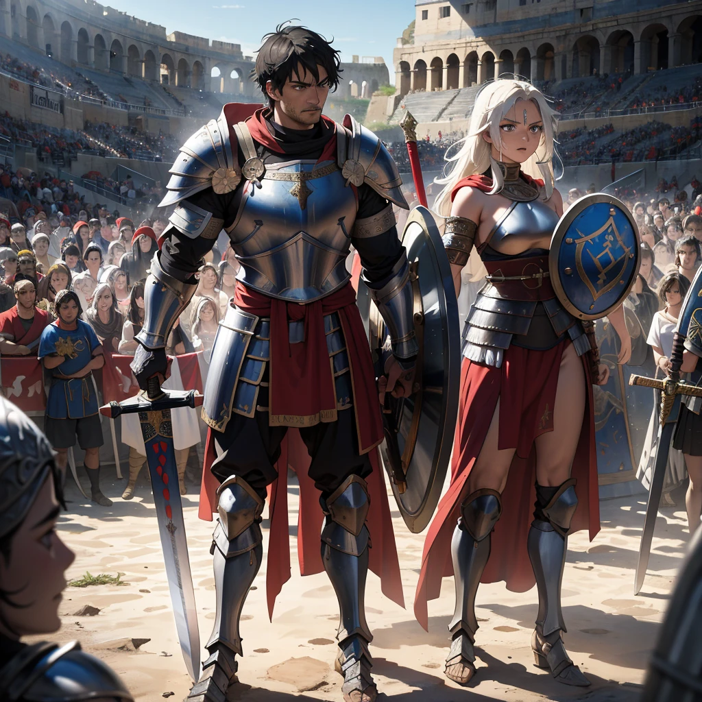 Paint a vivid picture of a medieval gladiator preparing for battle in the ancient Roman arena. Capture the intensity in their eyes as they stand clad in armor, holding a gladius sword and shield. Show the crowd roaring in anticipation, filling the stone amphitheater with their cheers and jeers. Highlight the contrast between the gladiator's stoic determination and the chaotic energy of the arena, conveying the raw spectacle and drama of ancient combat.