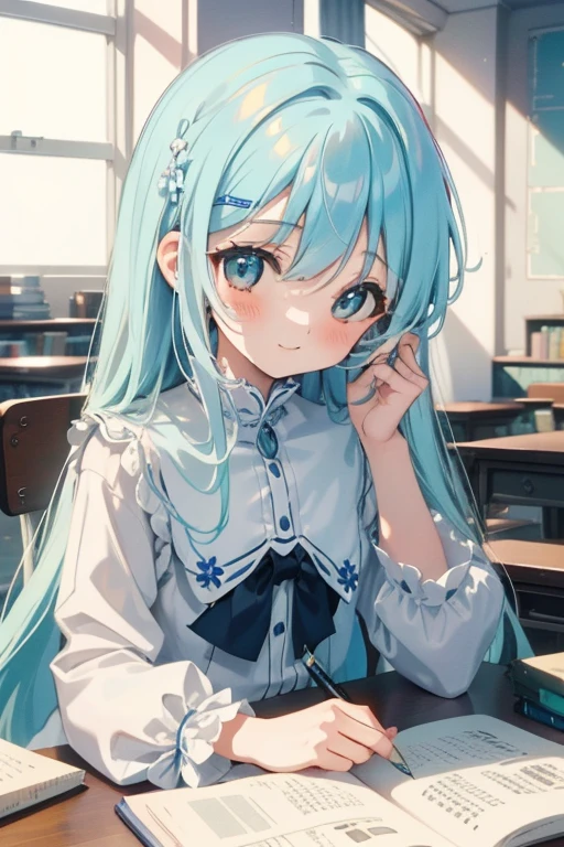 masterpiece, best quality, extremely detailed, (illustration, official art:1.1), 1 girl ,(((( light blue long hair)))), ,(((( light blue long hair)))),light blue hair, , long hair ((blush)) , cute face, big eyes, masterpiece, best quality,(((((a very delicate and beautiful girl))))),Amazing,beautiful detailed eyes,blunt bangs((((little delicate girl)))),tareme(true beautiful:1.2), sense of depth,dynamic angle,,,, affectionate smile, (true beautiful:1.2),,(tiny 1girl model:1.2),)(flat chest), 1girl, (masterpiece, best quality, ultra detailed, 4K:1.5), ultra-detailed background, 1 girl, 1 man, from above, focus upper body, (((headpat))), BREAK kleedef, kleernd, cute face, smile, pointed ears, very happy, sitting, studying at a desk, BREAK in the library, {Illustration}, {{Very delicate and beautiful}}, Classroom (school desk), On desk (textbook, notebook, mechanical pencil, Pencil case) 1 girl (small build, short limbs, , in front of desk), round face,textbook
