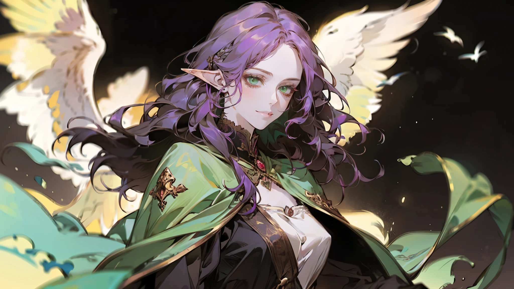 A beautiful, elegant girl with purple hair, green eyes and pale skin. Her hair is long and curly, she has two pretty tufts on the sides. She is an elf girl. elf ears. (slight smile). black background. magic bird