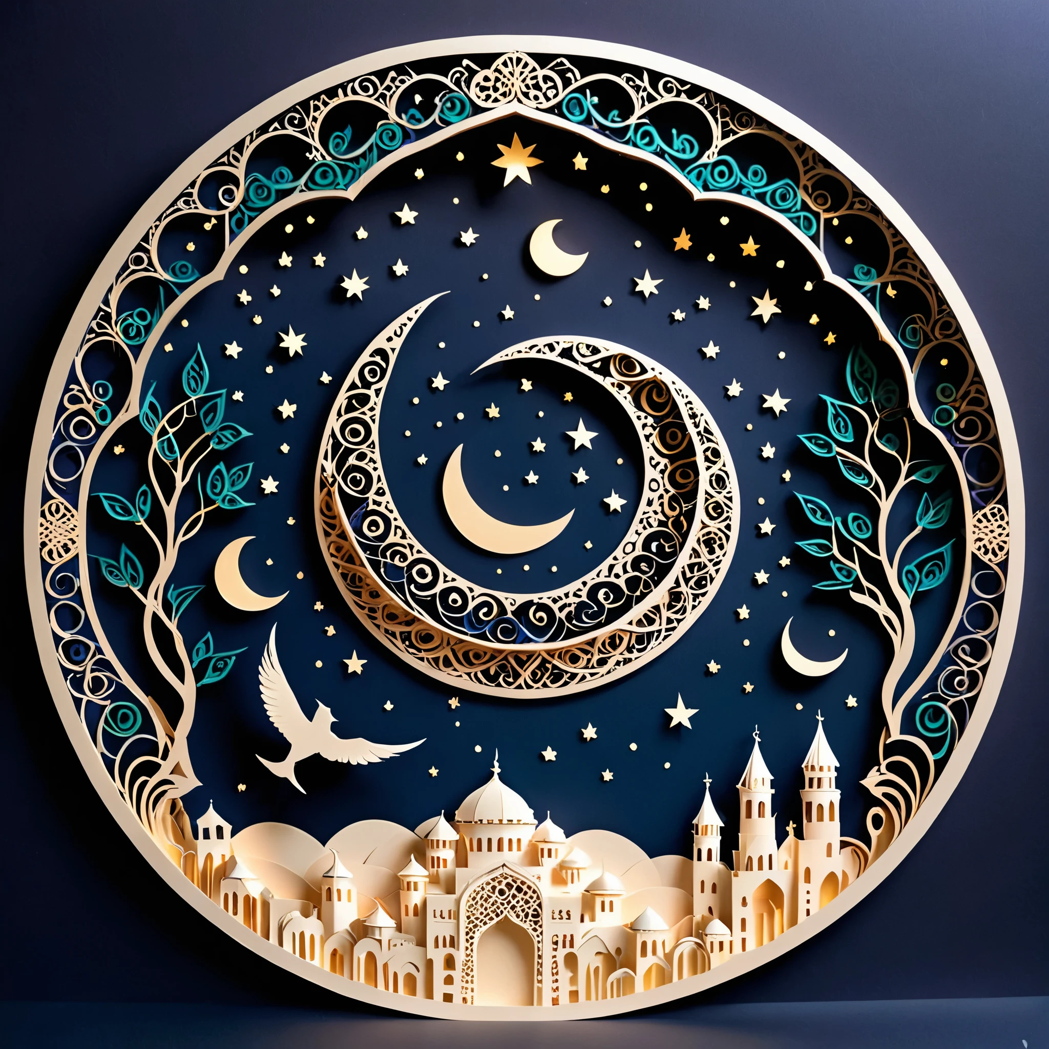 Create a detailed paper cutout artwork depicting an intricate scene of arabesque patterns against a moonlit night. The artwork should include elaborate, swirling designs that capture the essence of arabesque art, set against the backdrop of a serene night sky illuminated by a full moon. The moonlight should cast delicate shadows and highlights on the patterns, enhancing their depth and intricacy. The overall mood should be mystical and elegant, evoking a sense of timeless beauty.