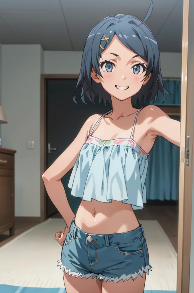 (((pixel-perfect, detail-perfect))), solo, 1girl, komachi hikigaya, , looking at viewer, smile, grin, camisole,navel,denim shorts,my room