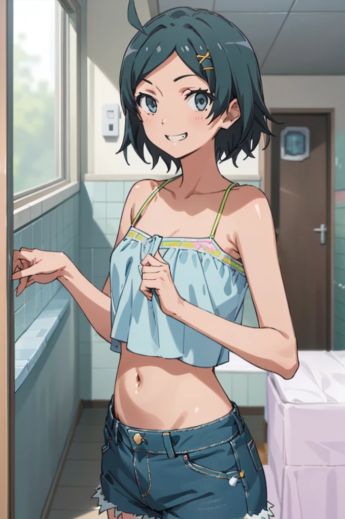 (((pixel-perfect, detail-perfect))), solo, 1girl, komachi hikigaya, , looking at viewer, smile, grin, camisole,navel,denim shorts,my room