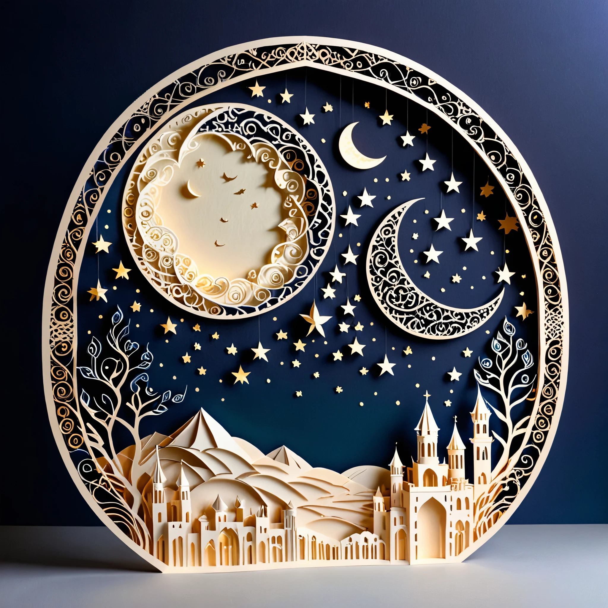 Create a detailed paper cutout artwork depicting an intricate scene of arabesque patterns against a moonlit night. The artwork should include elaborate, swirling designs that capture the essence of arabesque art, set against the backdrop of a serene night sky illuminated by a full moon. The moonlight should cast delicate shadows and highlights on the patterns, enhancing their depth and intricacy. The overall mood should be mystical and elegant, evoking a sense of timeless beauty.
